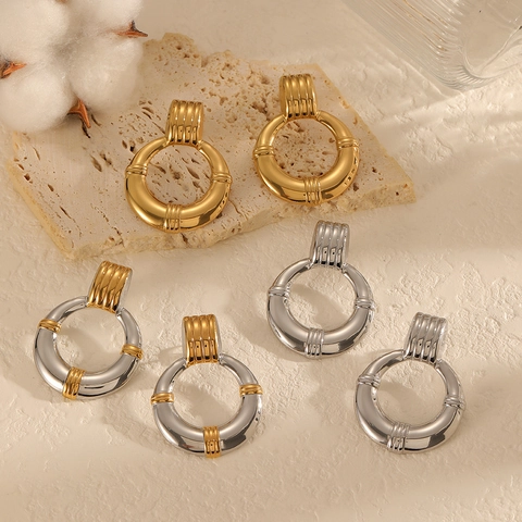 Edelstahl Creolen 18K Vergoldet Geripptes Bambus Design Wasserfest Geometrischer Schmuck Für Damen