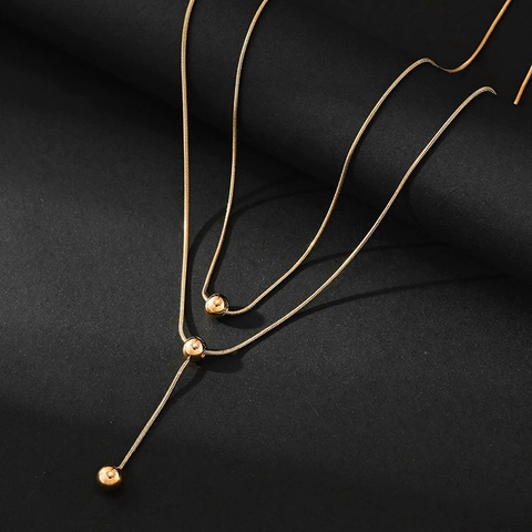 Double Layer Stainless Steel Necklace Elegant Round Ball Pendant Snake Bone Chain Y-Shape Lariat For Women Jewelry