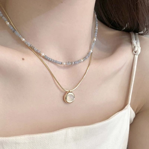 Collana A Strati Placcata Oro Labradorite Perla Artificial D'acqua Dolce Ciondolo Rotondo Catena Serpente Gioielli Eleganti