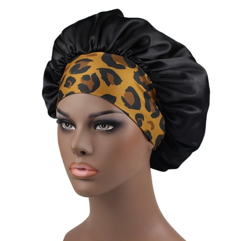 Satin Sleep Bonnet For Women Wide Elastic Band Hair Care Cap Night Headwear Animal Leopard Zebra Print Soft