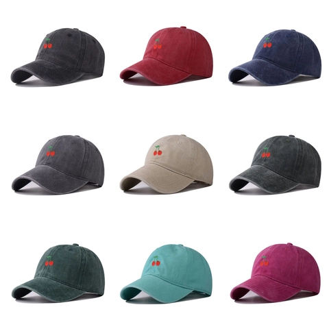 Washed Cotton Baseball Cap Cherry Embroidery Retro Distressed Dad Hat Adjustable Outdoor Sunshade Sport Snapback For Women Men