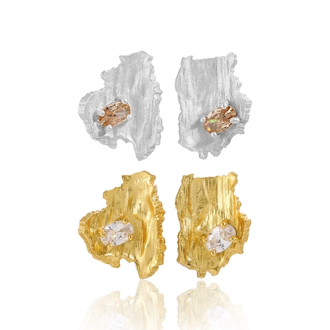 Irregular Tree Bark Texture Stud Earrings 925 Sterling Silver Cubic Zirconia Geometric Asymmetric Minimalist Jewelry For Women