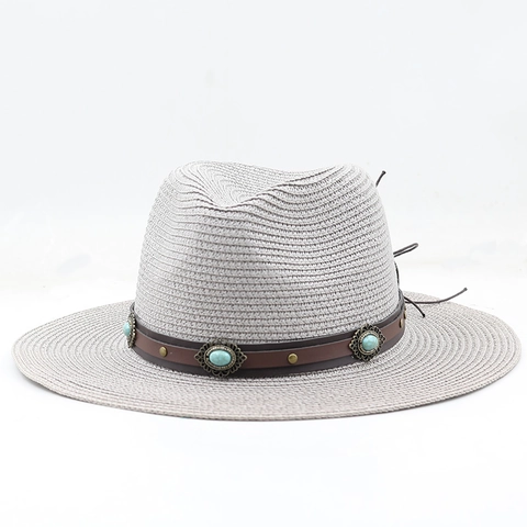 Sombrero Fedora De Paja De Papel Para Mujer Protección Solar Verano Playa Boho Banda Cuero Turquesa
