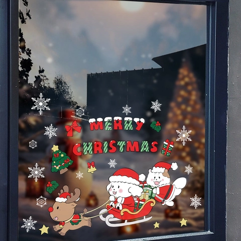 Christmas Window Clings Static Reindeer Santa Sleigh Stickers PVC Removable Glass Decals Holiday Party Decor Supplies