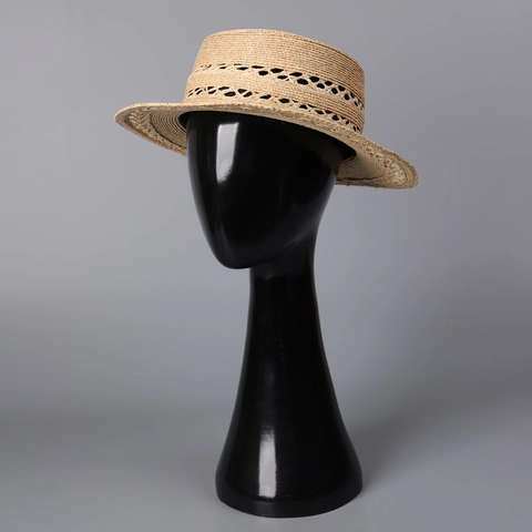 Raffia Boater Hat Flat Top Wide Brim Hollow Hand Woven Summer Beach Sun Protection Breathable Travel Elegant For Women