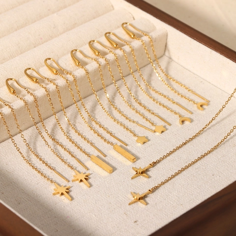 Orecchini A Filo In Acciaio Inossidabile Placcato Oro 18K Catena Lunga Zircone Stella Luna Serpente Fulmine Per Donne