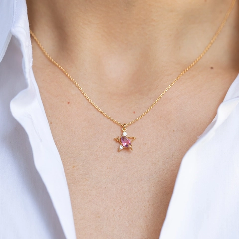 Collana con Pendente Stella Luna in Rame Placcato Oro 18K Strass Rosa Perla Artificiale Gioielli Moda Minimalista da Donna