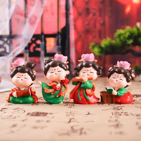 Ancient Chinese Tang Style Lady Figurine Resin Q Version Cartoon Desktop Ornament Home Decor National Tide Assortment Gift