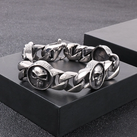 Bracciale Da Uomo In Acciaio Inossidabile Catena Cubana Design Teschio Rotondo Gotico Gioielli Punk