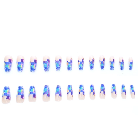 Long Ballerina Press On Nails Fashion Shiny Aurora Holographic Macaron Fake Nails Sweet Checkerboard Pattern Wearable Nails
