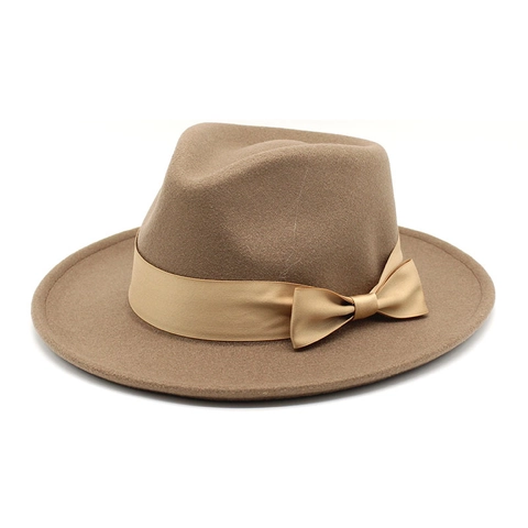 Cappello Fedora Classico In Feltro Di Lana Tesa Larga Elegante Nastro Di Raso Fiocco Decorazione Stile Jazz Retro Uomini Donne
