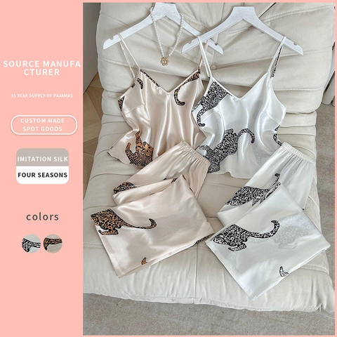 Damen Leopardenmuster Cami Top Und Hose Schlafanzug ImitationsSatin Satin V-Ausschnitt Nachtwäsche
