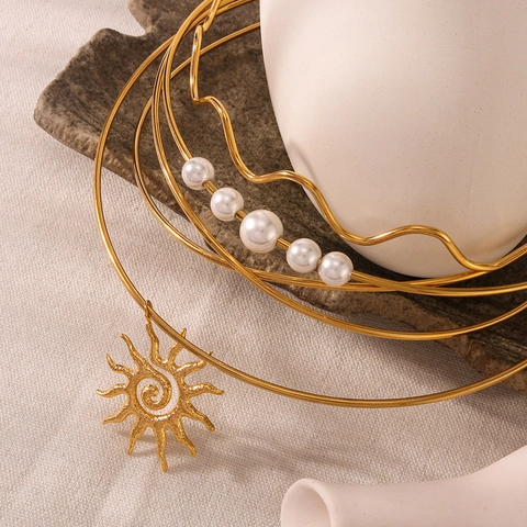18K Vergoldete Edelstahl Choker Halskette Künstliche Perle Sonne Anhänger Schleife Herz Welle Schmuck Für Damen
