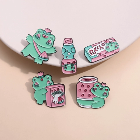 Cute Cartoon Frog Enamel Brooch Pin For Women Men Zinc Alloy Watermelon Strawberry Milk Soda Bottle Food Lapel Pin Jewelry Accessory