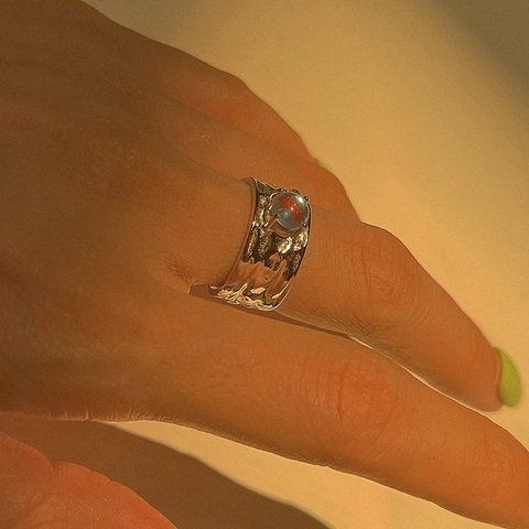 Unregelmäßiger Kupferring Mit Lavatextur Und Mondstein Verstellbarer Offener Fingerschmuck Vintage Nischendesign