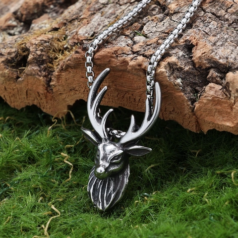 Collar Con Colgante De Cabeza De Ciervo Vikingo Retro Acero Inoxidable Joyería Animal Para Hombres Gótico Tono Plata
