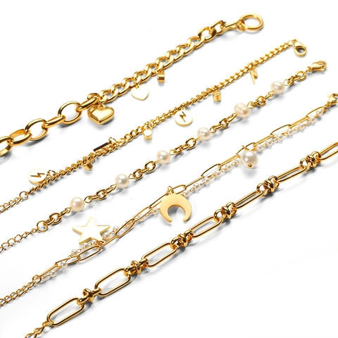 Pulsera Minimalista De Acero Inoxidable Chapada En Oro De 18K Estrella Luna Corazón Rayo Dijes Perla Artificial Joyería Mujer