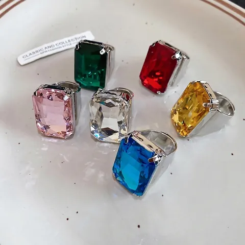 Oversized Square Emerald Cut Rhinestone Ring Copper Adjustable Open Band Luxury Retro Cocktail Jewelry For Women
