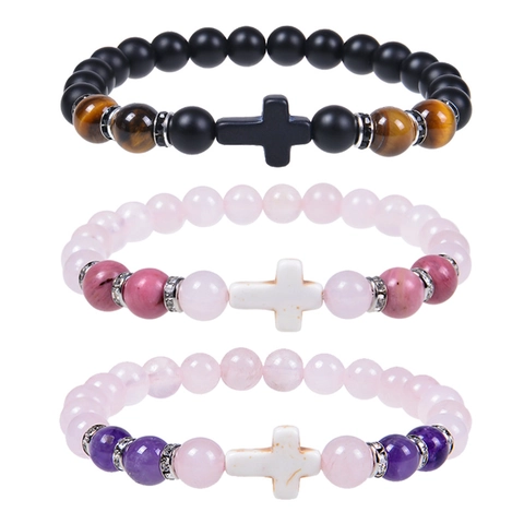 Bracciale Di Perline In Pietra Naturale Con Ciondolo A Croce In Lega Cristallo Rosa Ametista Occhio Di Tigre Pietra Opaca Corda Elastica Cartolina Regalo