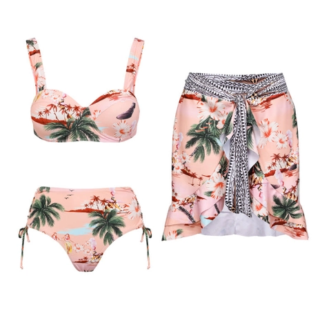 Bikini Badeanzug Und Sarong Mit Tropischem Kokospalmendruck Hohe Taille Strandurlaub Bademode Für Damen