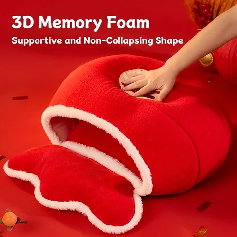 Warm Cat Nest Bed Red Chinese Lucky Bag Design Thickened Fleece With Memory Sponge For Winter Indoor