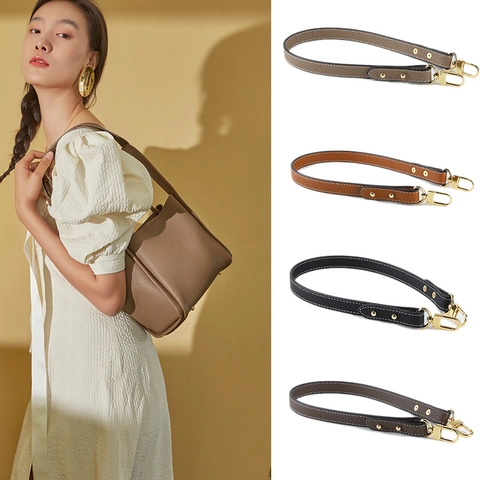 Replacement Bag Strap Lychee Pattern Cowhide Leather Handle With Gold Metal Lobster Clasp For Handbags Shoulder Bags
