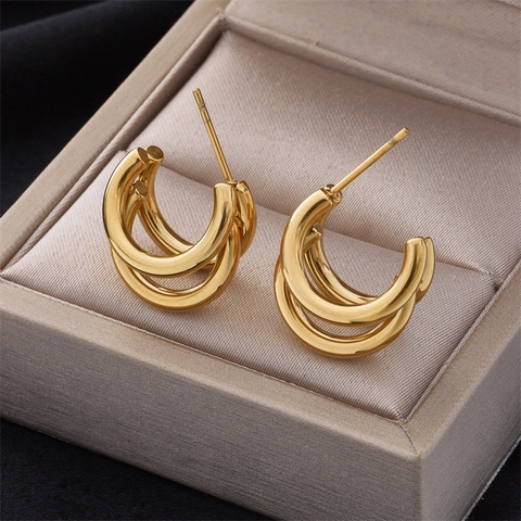 Minimalist Titanium Steel Multi Layer C Shape Stud Earrings For Women Retro Fashion Geometric Metallic Hoop Stud Earrings