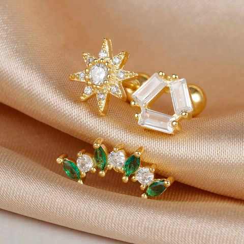 Pendientes de Botón de Estrella de Acero Inoxidable Diamantes de Imitación Geométricos Perforación Oreja Hueso Pendientes Mujeres