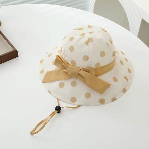 Cappello Alla Pescatora Bambina Misto Cotone Polka Dot Tesa Larga Protezione Solare Fiocco Corda Antivento Regolabile