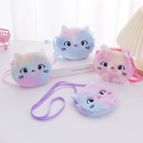 Kids Cat Crossbody Bag Plush Cartoon Cute Pastel Rainbow Shoulder Purse With Embroidery Zip Closure For Little Girls