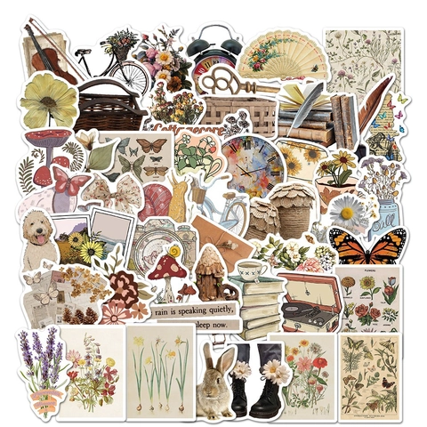 Vintage Decorative Stickers PVC Waterproof Cottagecore Aesthetic Flower Animal Plant Patterns For Scrapbooking Journaling