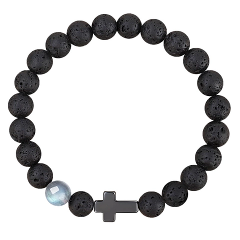 Bracelet Croix en Pierre de Lave Naturelle 8mm Hommes Femmes Perles Élastiques Faites à la Main Pierre de Lune Bijoux Religieux
