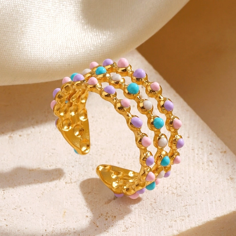 Stainless Steel Three Layer Enamel Round Bead Open Adjustable Ring Colorful Geometric Fashion Chic Jewelry For Women
