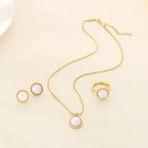 Runder Muschel Anhänger Halskette Ohrstecker Ring Edelstahl Kordelkette Strass Eleganter Modeschmuck Damen