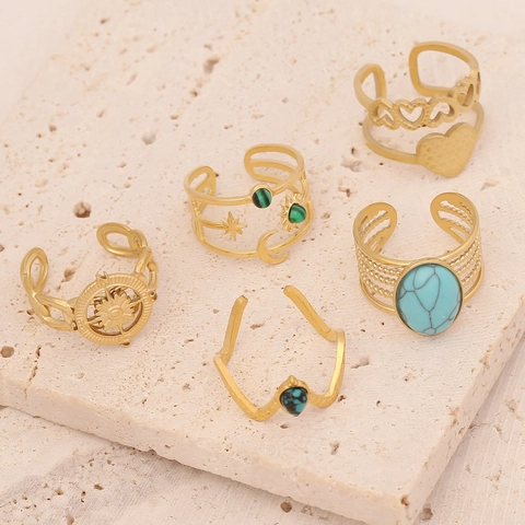 Anello In Acciaio Inossidabile Da Donna Placcato Oro Geometrico Stella Luna Turchese Regolabile Aperto Gioielli Retro