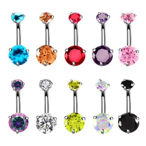 Belly Piercing Navel Rings Stainless Steel Double Round Cubic Zirconia Curved Barbell Body Jewelry For Women