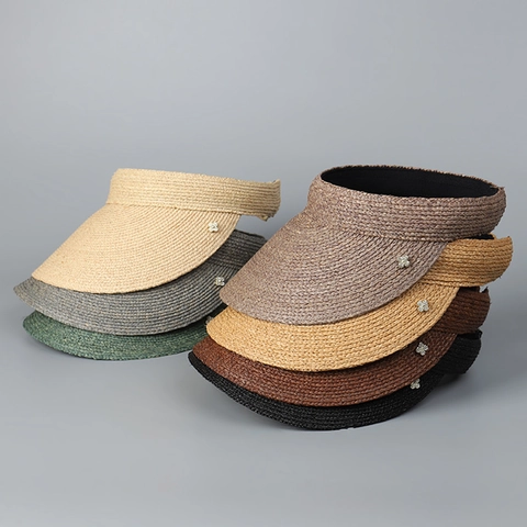 Raffia Cotton Blend Sun Visor Hat For Women Wide Brim UV Protection Summer Beach Elegant Straw Hat Rhinestone Decor