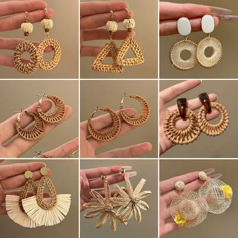 Handgemaakte Rotan Geweven Hangoorbellen Met Houten Kralen En Zilveren Oorsteker In Boho Etnische Stijl