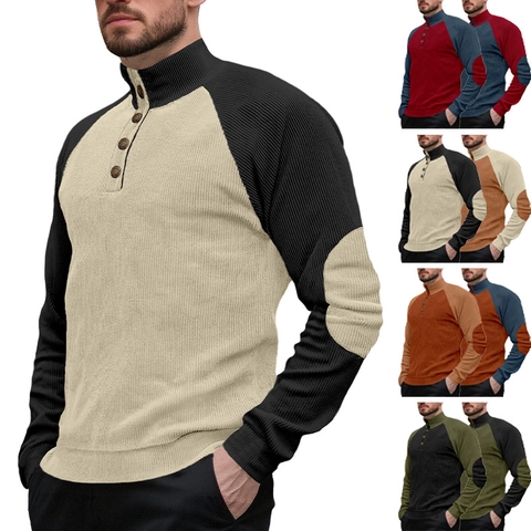 Men Pullover Sweatshirt Long Sleeve Corduroy Stand Collar Henley Patchwork Raglan Sleeve Elbow Patches Casual Urban Top