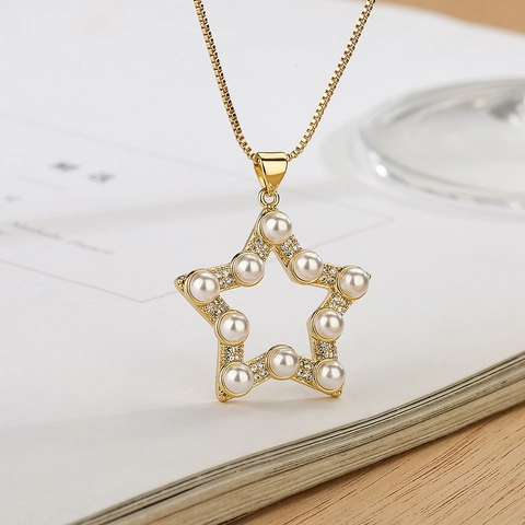 Elegant Pendant Necklace Gold Plated Copper Inlaid Artificial Pearl Zircon Star Moon Sun Geometric Jewelry Gift For Women Girls New