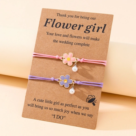 Woven Adjustable Flower Bracelets With Acrylic Pearl Alloy Enamel Floral Charm Bridesmaid Flower Girl Wedding Jewelry Gift