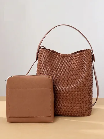 Woven Bucket Bag PU Leather Large Capacity Retro Shoulder Handbag With Inner Pouch For Women