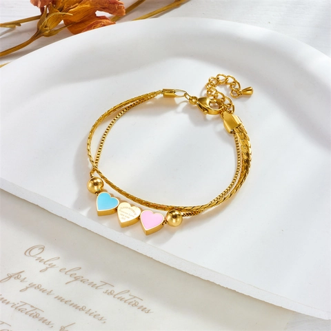 925 Sterling Silver Double Layer Bracelet Gold Plated Heart Pendants Blue Pink Enamel Snake Chain Jewelry For Women