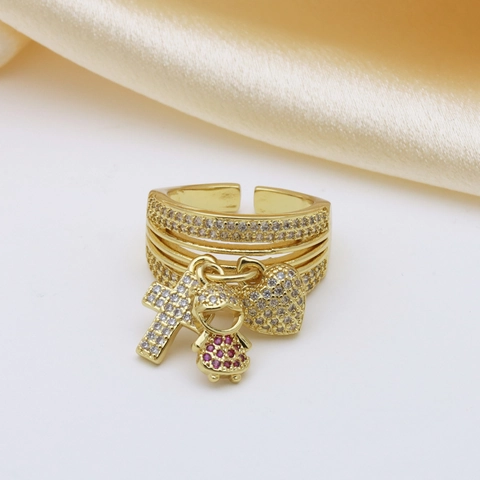 Luxus Kupfer Zirkonia Offener Ring Für Damen Verstellbar Kreuz Herz Junge Mädchen Charm Vergoldet Mode Schmuck Fingerring