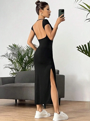 Women Sexy Backless Slim Fit Bodycon Midi Dress Elegant Solid Color Side Slit Ruched Short Sleeve Summer Party Dress