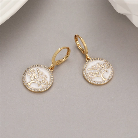 Tree Of Life Evil Eye Dangle Earrings 14K Gold Plated Copper Micro Pave Zircon Elegant Mother Of Artificial Pearl Jewelry Women