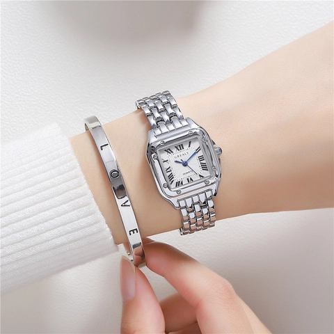 Orologio Al Quarzo Quadrato E Bracciale Per Donne Con Cinturino In Acciaio Legato Numeri Romani Lancette Blu Corona Gemma Moda Vintage