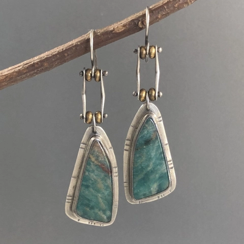 Retro Ethnic Drop Earrings For Women Geometric Trapezoid Natural Amazonite Antique Silver Alloy Brass Beads Bohemian