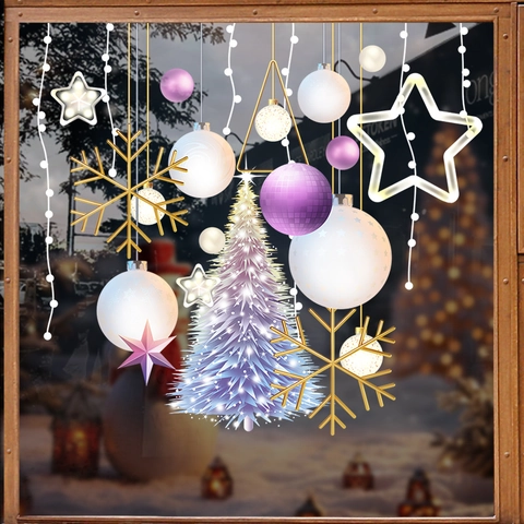 Christmas Window Stickers PVC Static Adsorption Purple Gold Tree Snowflake Stars No Glue Reusable Double Sided Shop Decor