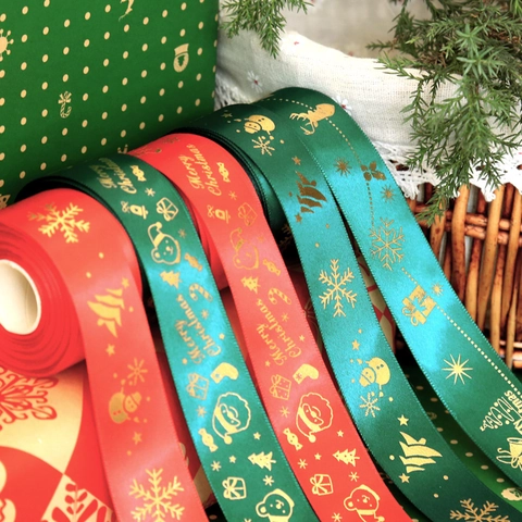 Christmas Gold Stamping Ribbons Polyester Satin For Gift Wrapping DIY Bows Holiday Decor Festive Patterns